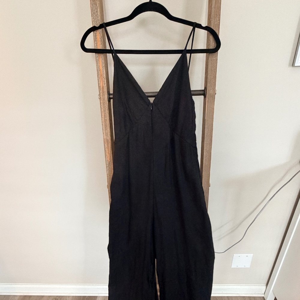 Rivet Utility Foxy Open-Back Black Linen Jumpsuit